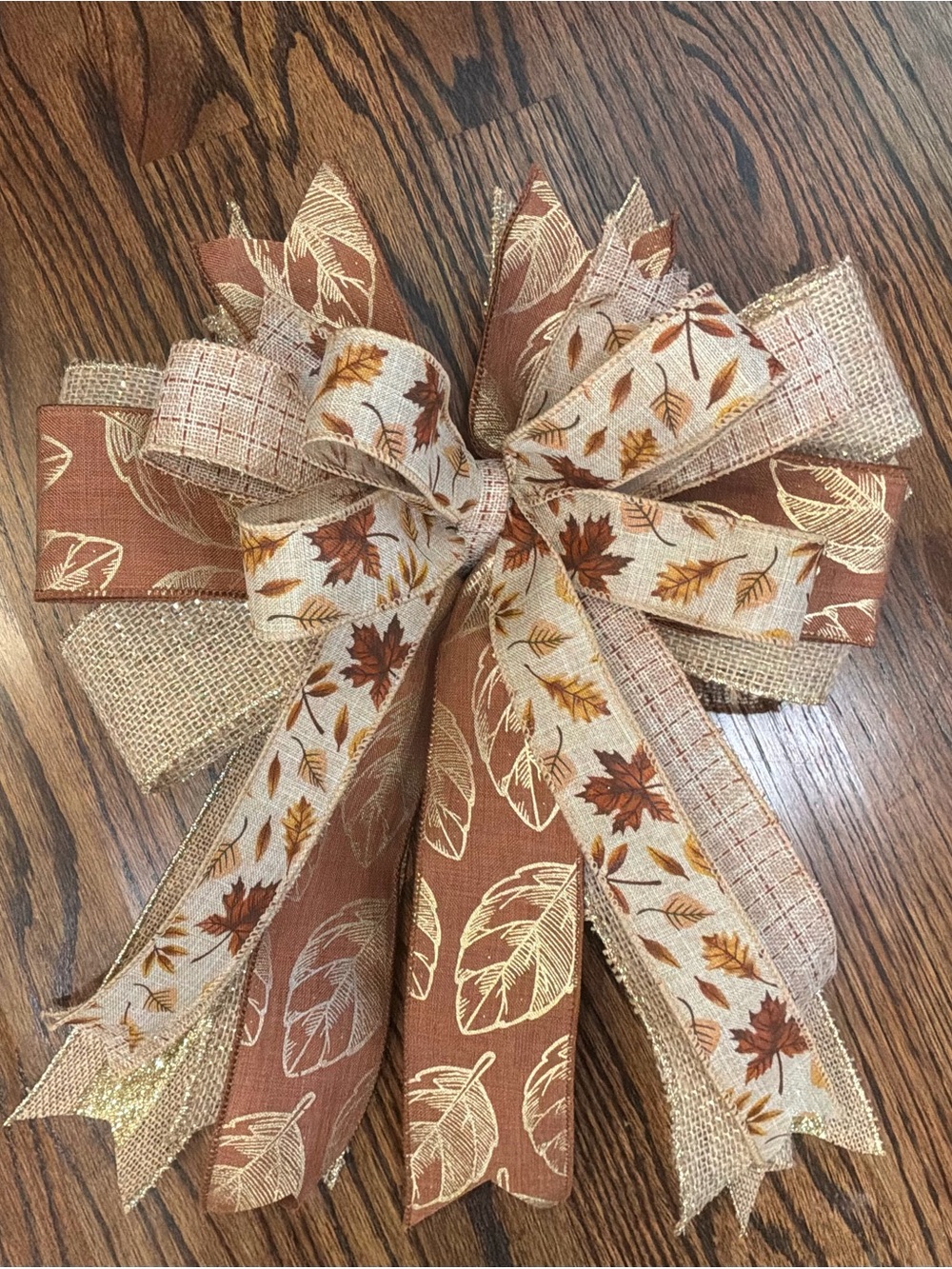 Autumn Leaf Burlap Bow – Rust & Cream Fall Wreath Accent
